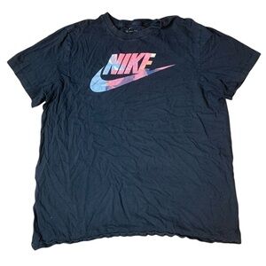 Vintage Nike Black T-Shirt with Multi-Color Watercolor Logo Medium